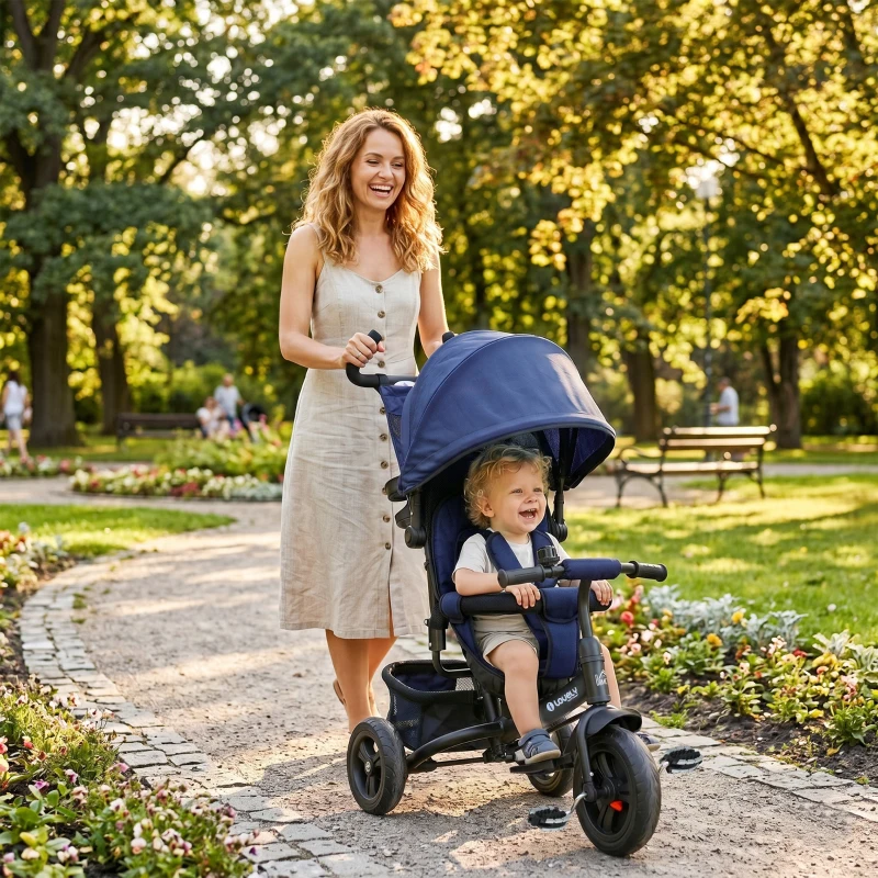 HOMCOM Triciclo para Bebés 2 em 1 de +12 Meses com Capota Dobrável Guiador Telescópico e Removível Bolsa e Porta-garrafas Azul Marrinho