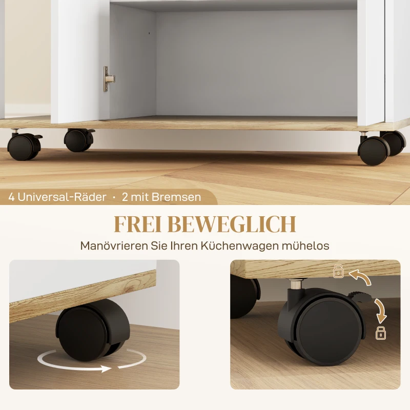 HOMCOM Rollende keukenwagen met opbergruimte, kast, verstelbare planken, voor keuken, woonkamer, eetkamer, wit(m-6)