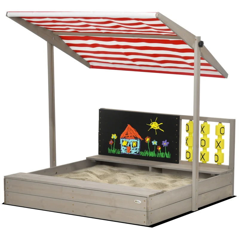 Outsunny Kids Wooden Sandpit, sandbox with canopy & Seats, for Gardens - Grey