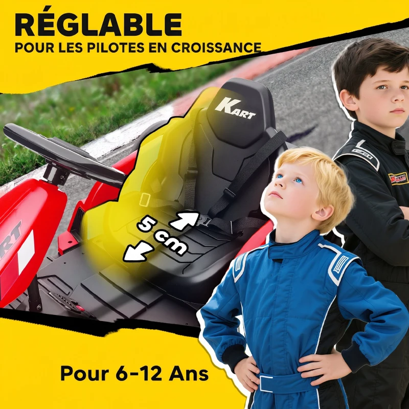 AIYAPLAY Kart Électrique pour Enfants 24 V, Go Kart, Moteur 2 x 150W, Mode Drift, Siège Réglable, Démarrage Progressif, Rouge