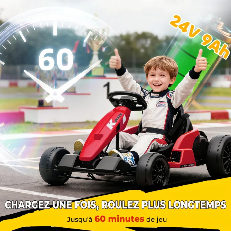 AIYAPLAY Kart Électrique pour Enfants 24 V, Go Kart, Moteur 2 x 150W, Mode Drift, Siège Réglable, Démarrage Progressif, Rouge