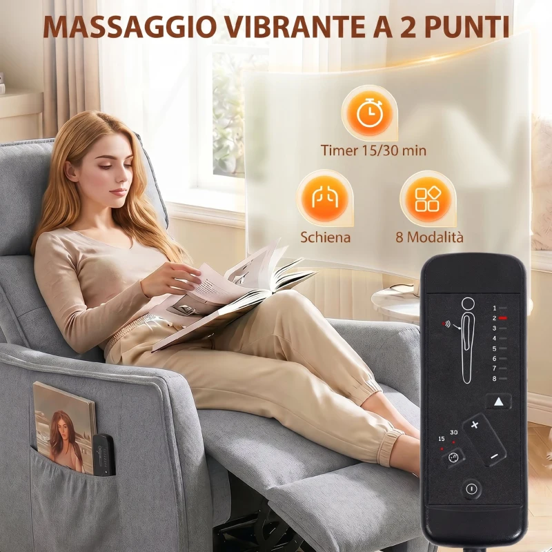 HOMCOM Poltrona Massaggiante e Reclinabile a 160° con Poggiapiedi e Telecomando, 69x93x104cm, Effetto Lino Grigio Chiaro