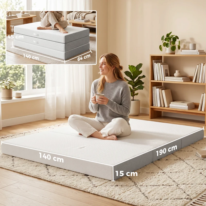 HOMCOM Matelas Pliant en 3 Parties, 140x190x15cm, Matelas d'Appoint en Mousse à Mémoire de Forme au Gel, Blanc