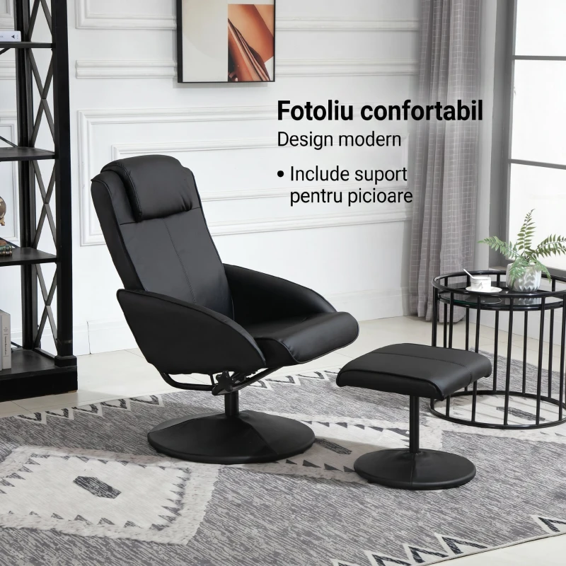 HOMCOM Fotoliu Reclinabil Relax cu Taburet pentru Picioare Asortat și Tapițerie din Piele Sintetică, Negru