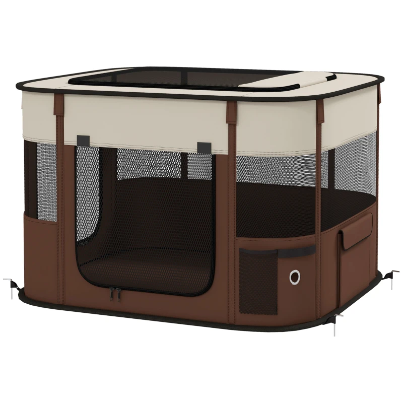 PawHut Box per Animali con 6 Finestre, 3 Porte e 2 Borse Portaoggetti, Poliestere e Acciaio, 74x60x45 cm, Marrone