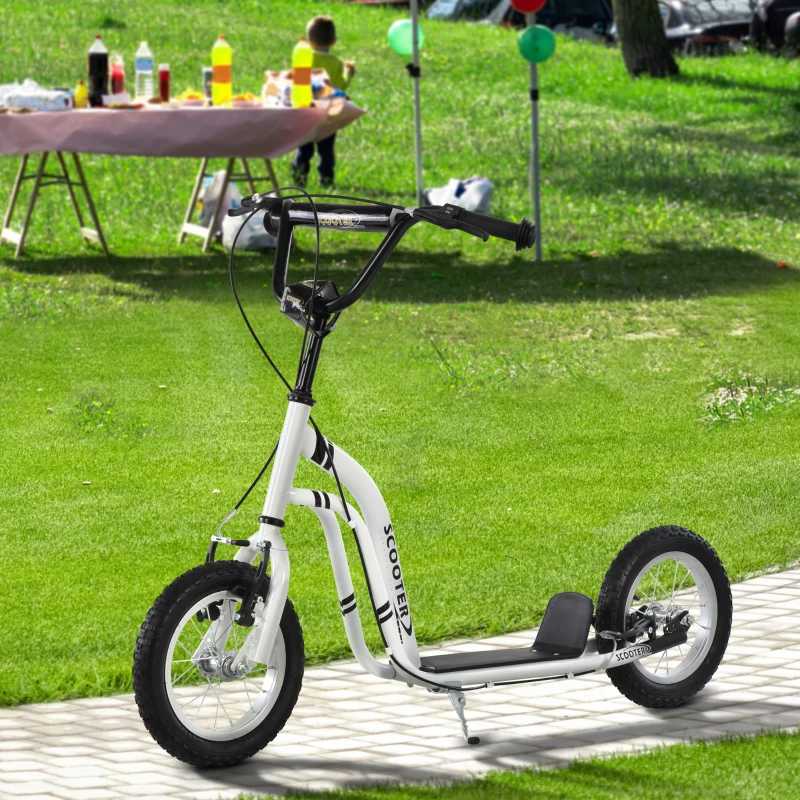 HOMCOM Trottinette enfants, grandes roues pneumatiques 12 pouce en caoutchouc, charge 100 kg, trottinette tout terrain avec double freins, hauteur réglable et béquille latérale, 5 à 12 ans, blanc(m-10)