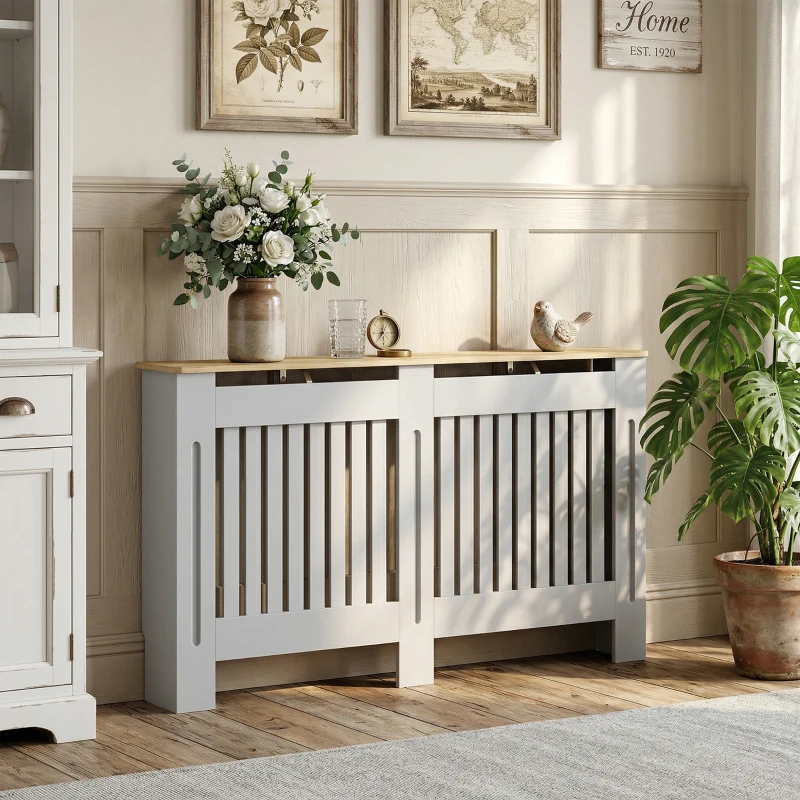 HOMCOM Slatted Radiator Cover, Painted Cabinet with Line Grill Design, 152L × 19W × 81H cm, Grey
