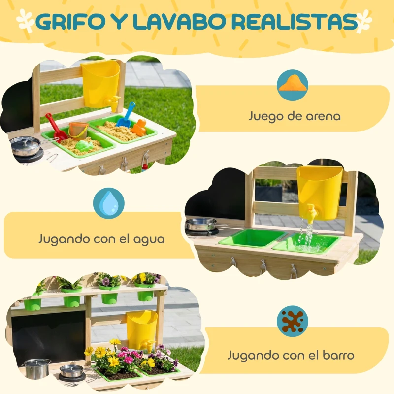 AIYAPLAY Cocina de Juguete Exterior de Madera con Macetas Fregaderos Grifo Utensilios de Acero Inoxidable Natural