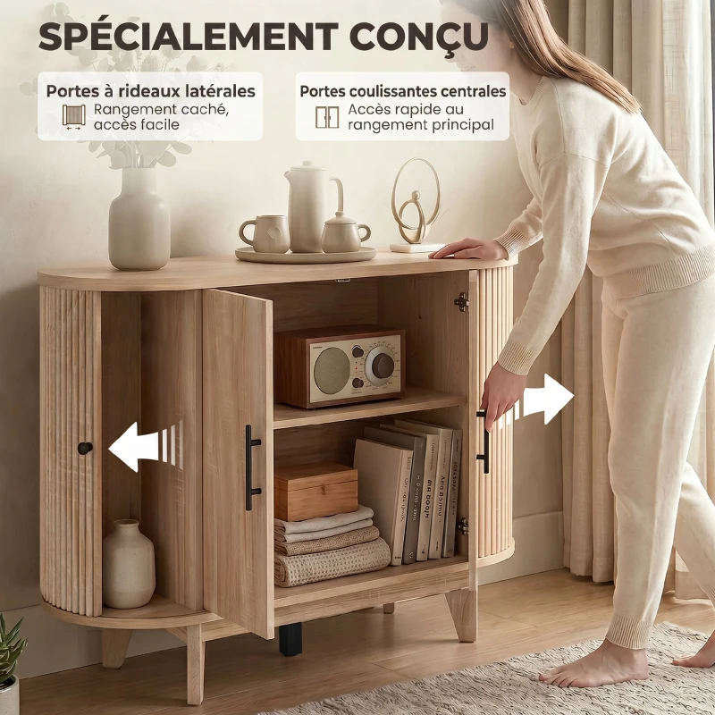 HOMCOM Buffet salon, meuble de rangement ovale avec 4 portes et étagère réglable, 90 x 40 x 76 cm, chêne