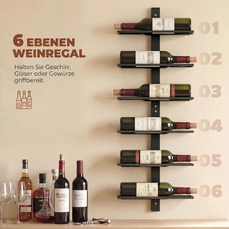 HOMCOM Weinregal, Wandregal für 6 Flaschen Wein, 6 Ebenen, Stahlrohr, für Küche, Wohnzimmer, Hausbar, Schwarz