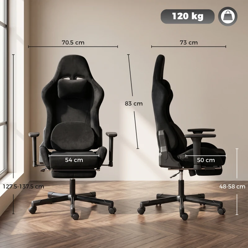 HOMCOM Scaun Gaming Ergonomic cu Masaj și Pernă Lombară Încălzită, Fotoliu Gaming Înclinat din In, Brațe 4D, Negru