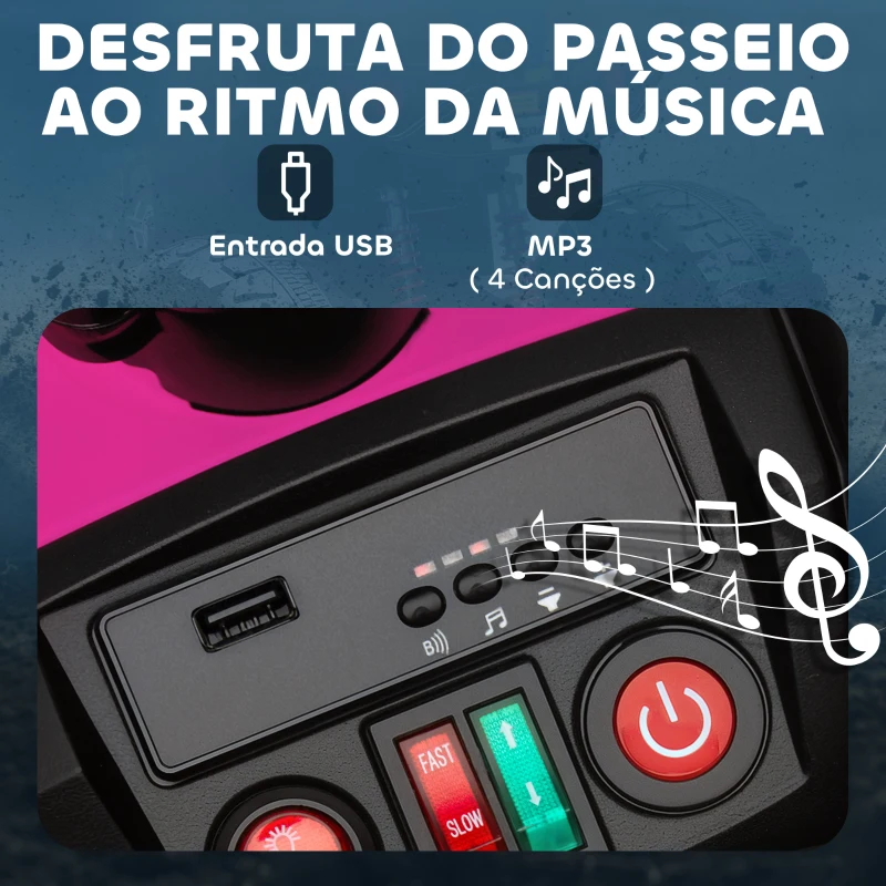 AIYAPLAY Quadricilo Elétrico para Crianças 24V com 2 Lugares 2 Motores Velocidade até 6,5 km/h Faróis Buzina Música e USB 109x68,5x76 cm Rosa