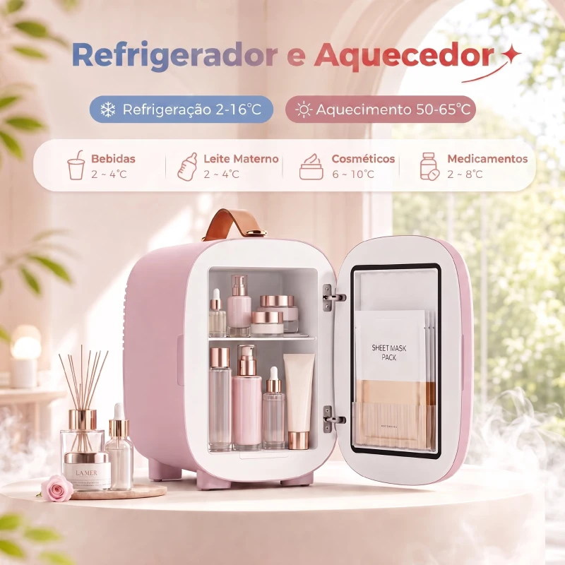 HOMCOM Frigorífico Pequeno de Cosméticos 4L 9V/240V para Arrefecer e Aquecer Mini Frigorífico para Beleza 20,3x26,3x28 cm Rosa