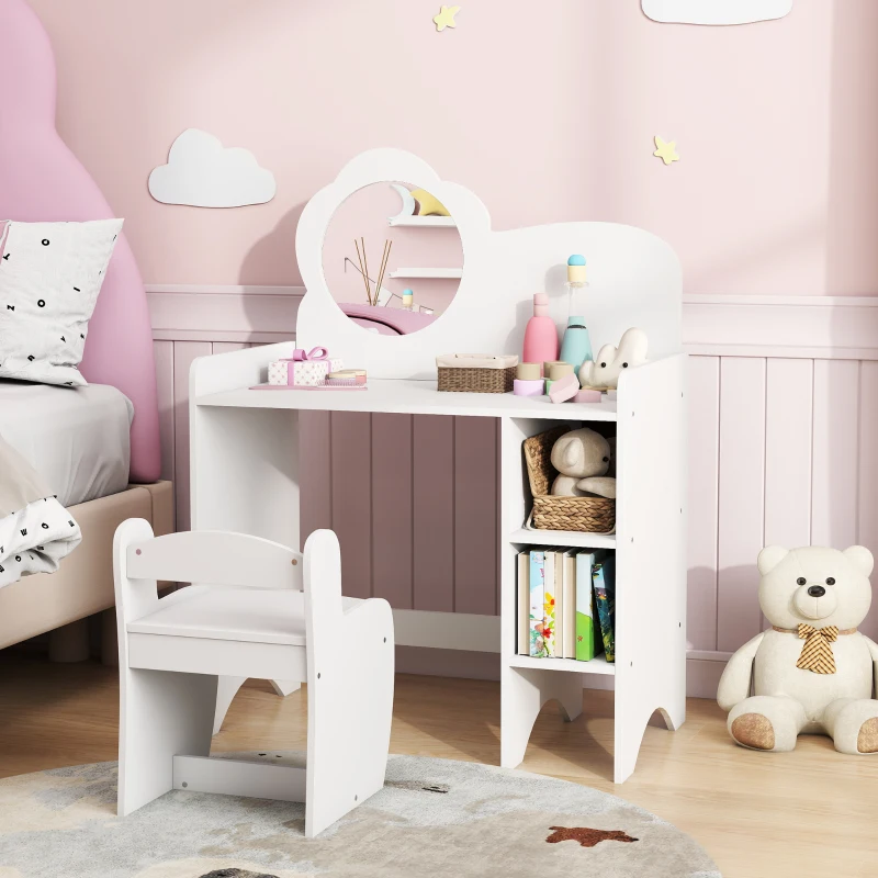 AIYAPLAY Toucador para Crianças com Banco e Espelho em Forma de Flor com Compartimentos Abertos 70x39x92,5 cm Branco