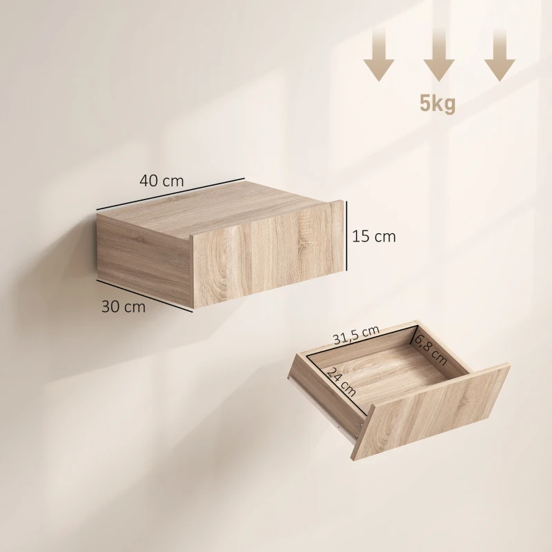HOMCOM Set di 2 Comodini Sospesi Moderni con Cassetto in Legno, 40x30x15cm, Rovere