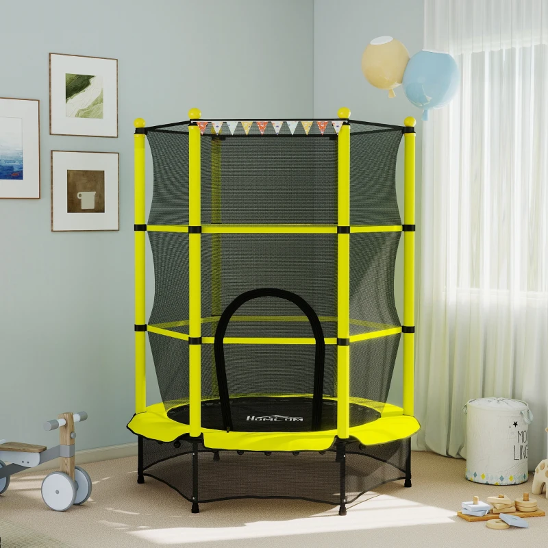 HOMCOM Cama Elástica Infantil Ø140 cm para Crianças dos 3-10 Anos com Rede de Segurança, Suporta até 50 kg, para Interior e Exterior, Amarelo