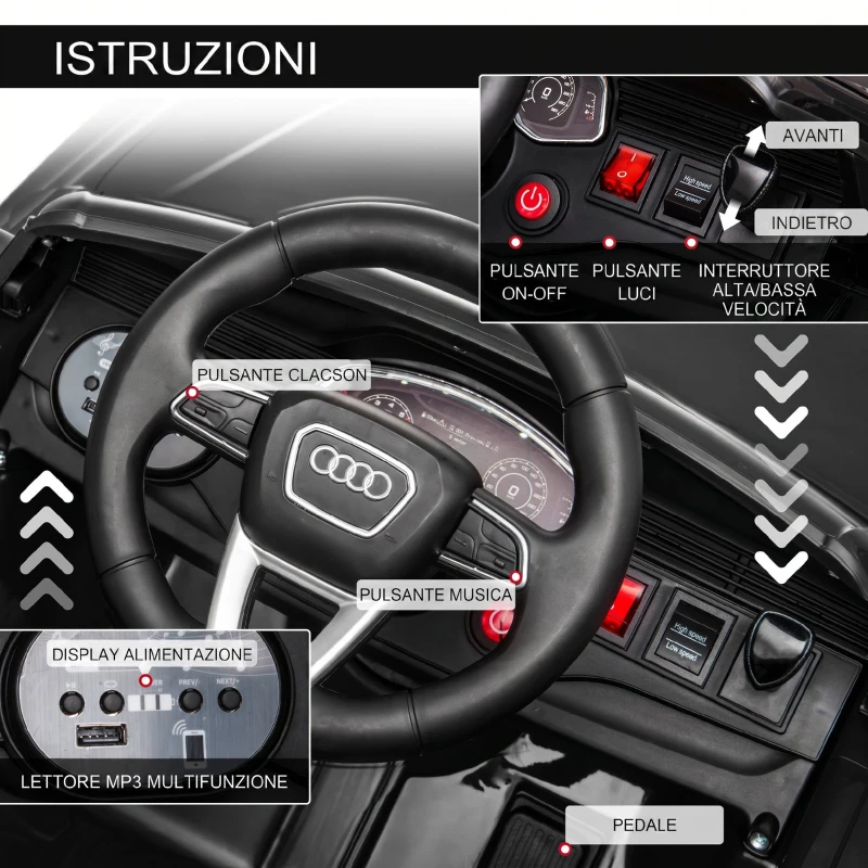 HOMCOM Macchina Elettrica per Bambini 3-5 Anni 6V Audi RS Q8 Autentica, 1.5-3km/h, con Telecomando e Musica, Nero