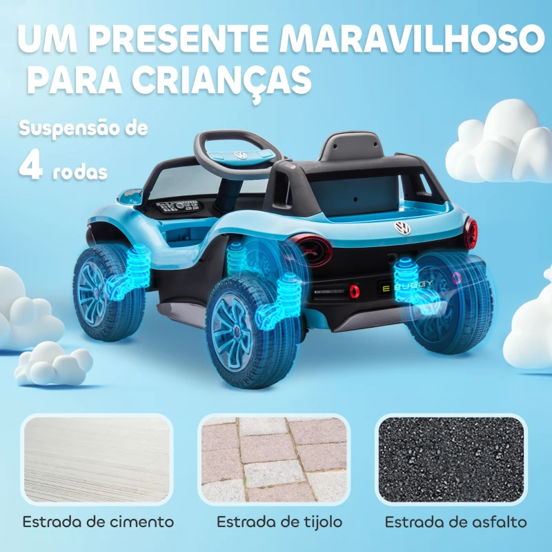 AIYAPLAY Carro Elétrico para Crianças Volkswagen E-Buggy Bateria 12V com Controlo Remoto 2,4 G Faróis LED Música USB 98x56,5x47 cm Azul