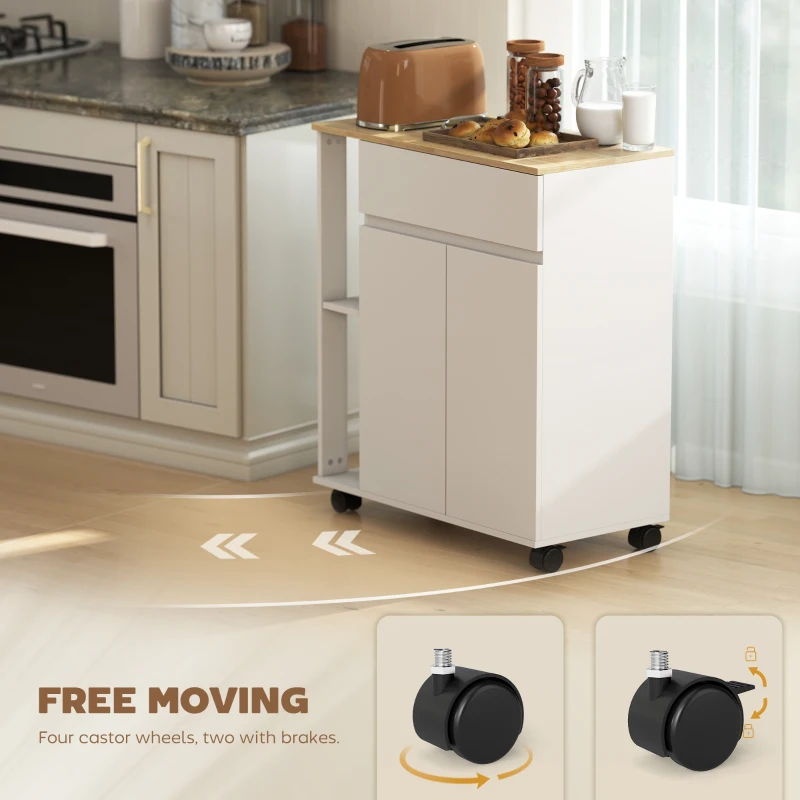 HOMCOM Kitchen Storage Trolley Cart with Cabinet, Drawer and Open Shelves, White