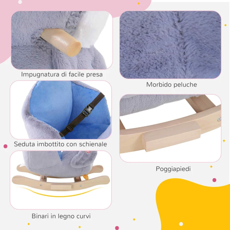 HOMCOM Cavallo a Dondolo a Pinguino in Peluche con 32 Musiche e Cintura di Sicurezza, Età 18 Mesi