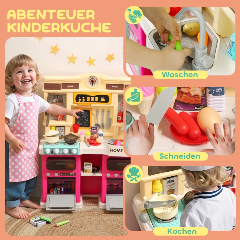 AIYAPLAY Spielküche mit fließendem Wasser, 85-teiliges Zubehör, elektrischer Wasserhahn, Lichter, Geräusche, für Kinder von 3-6