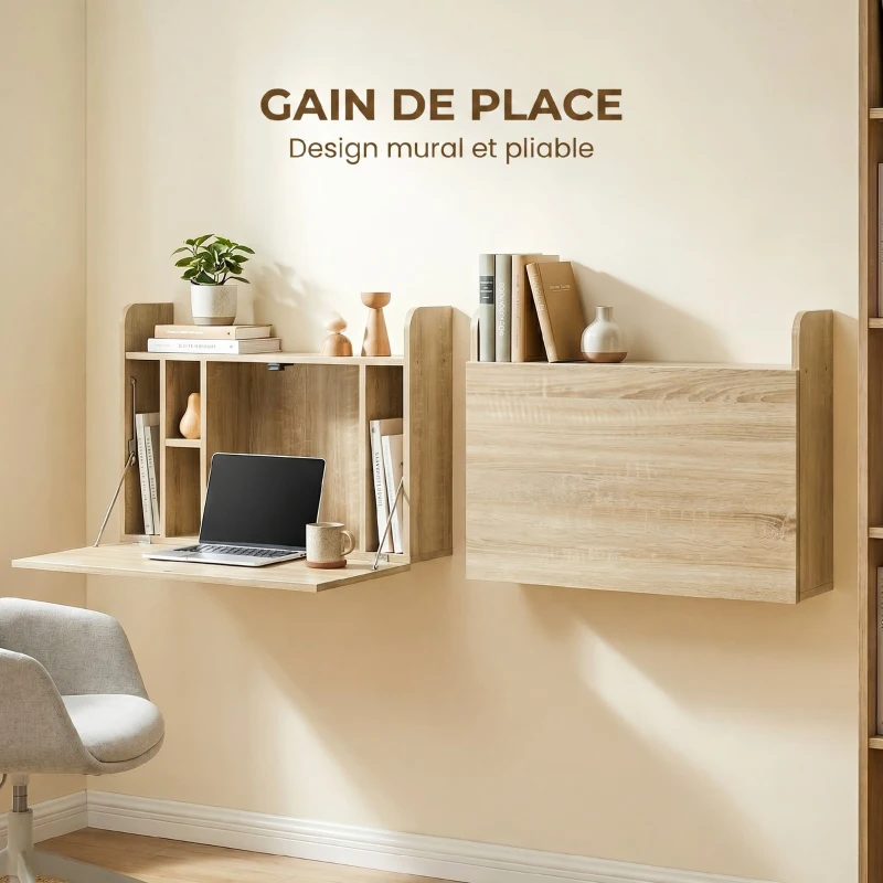 HOMCOM Bureau suspendu table murale table d'ordinateur murale et tablette rabattable avec rangements - 77 x 20 x 51 cm