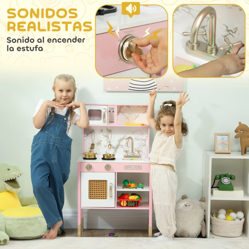 AIYAPLAY Cocina de Juguete de Madera con Sonido con Accesorios de Acero Inoxidable Verduras para Cortar Rosa