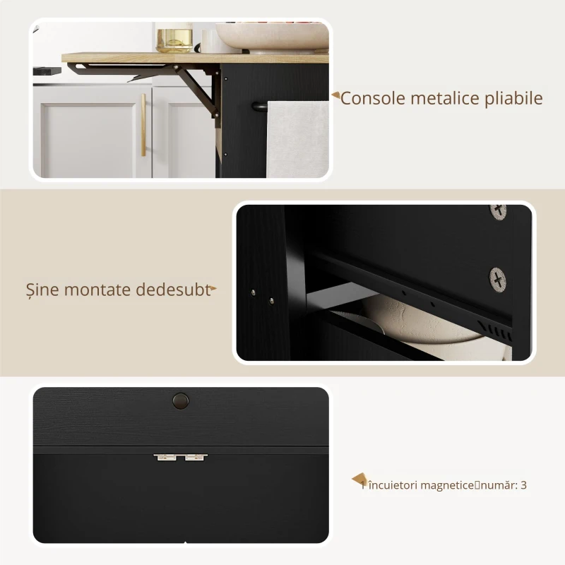 HOMCOM Insulă de Bucătărie cu Ala Rabatabilă 2 Uși Sertar Suport pentru Condimente Bară de Agățat Șervețel și Raft Reglabil 106x42x87 cm Negru și Stejar