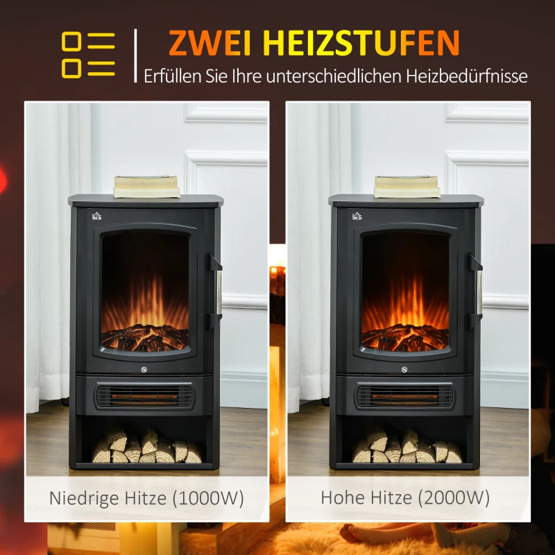 HOMCOM elektrische haard, realistische vlammen, 2 verwarmingsniveaus, bescherming tegen oververhitting, staal, zwart, 44,5 x 32 x 74 cm(m-4)