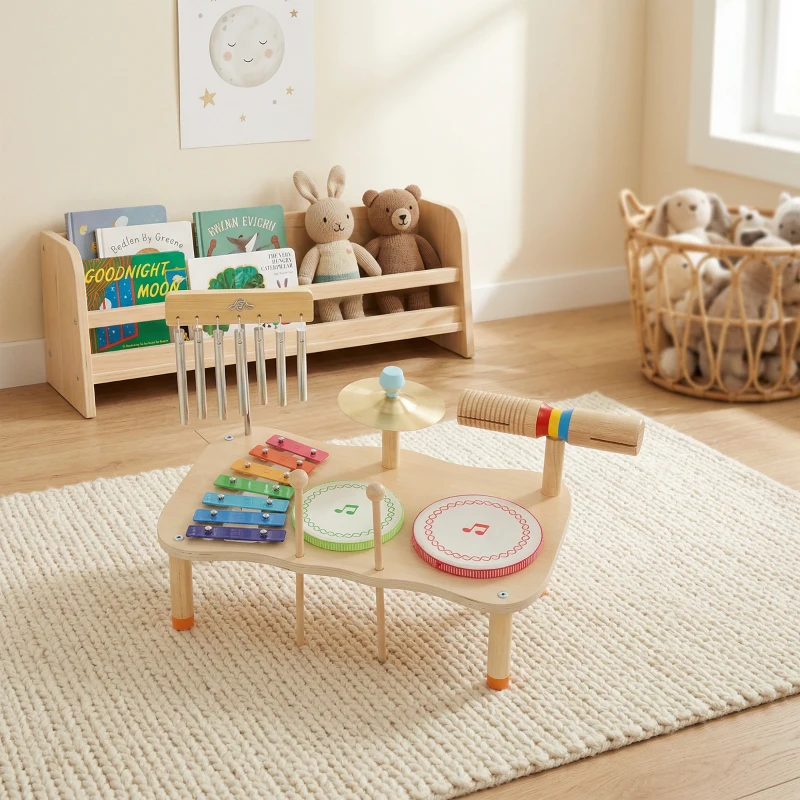 AIYAPLAY Instrumentos Musicais Infantis de Madeira Montessori com Tambor Xilofone Duplo Som Prato Sino de Vento