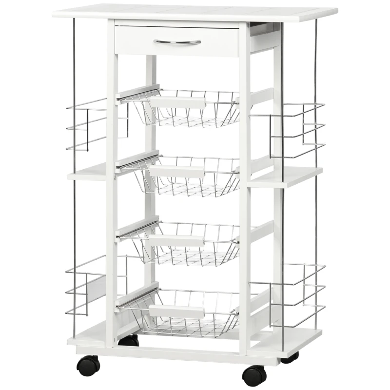HOMCOM Chariot de service desserte de cuisine à roulettes multi-rangements 4 paniers métal tiroir + 4 range-bouteilles bois pin plateau carrelé blanc