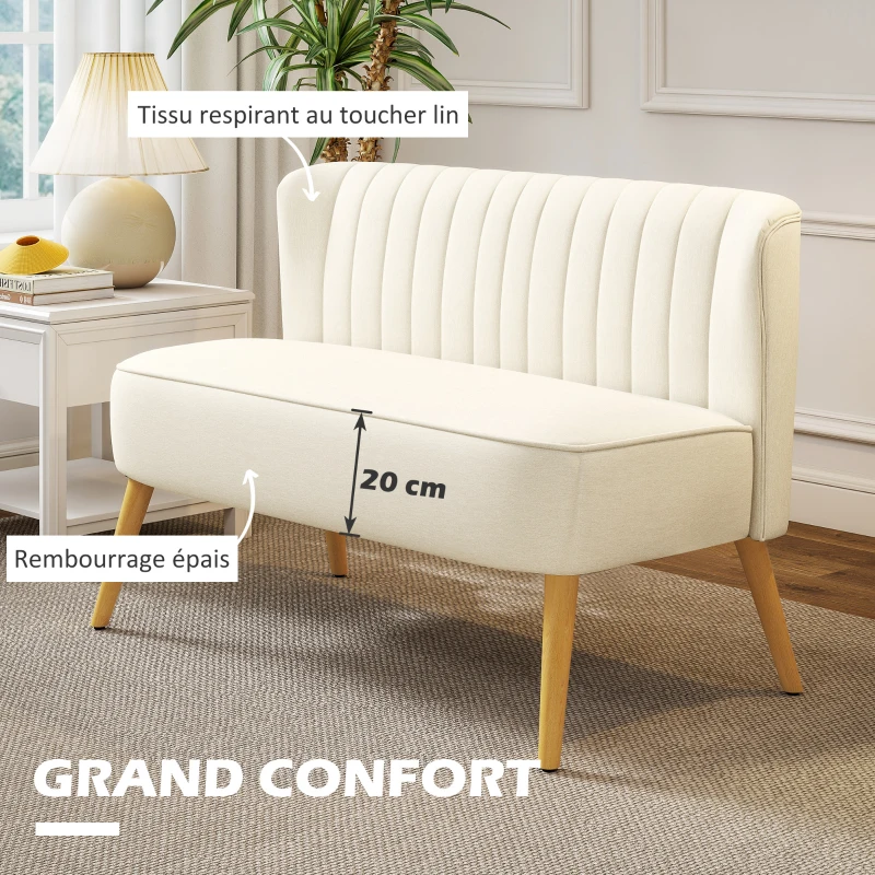 HOMCOM Canapé 2 places, canapé de salon en tissu aspect lin, assise rembourrée et pieds en bois d'hévéa, 117x56,5x77cm, crème