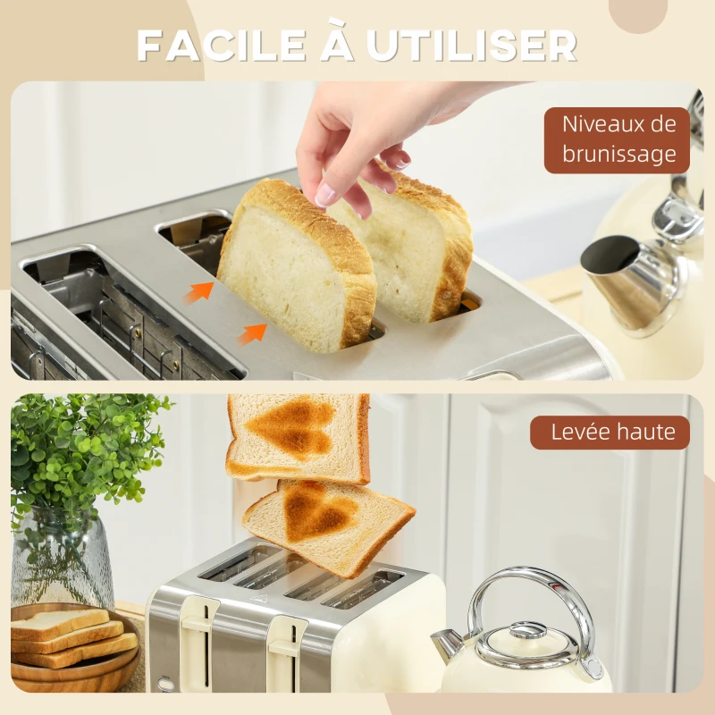 HOMCOM Ensemble bouilloire grille-pain, bouilloire en acier inoxydable 1,7 L et 2200 W et grille-pain à 4 tranches, crème