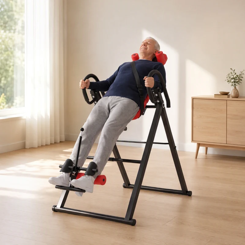 SPORTNOW Mesa de Inversão Dobrável 20°/40°/60° e 0-90°, 13 Ajustes para 130-190 cm, Apoio Lombar e Cinto de Segurança