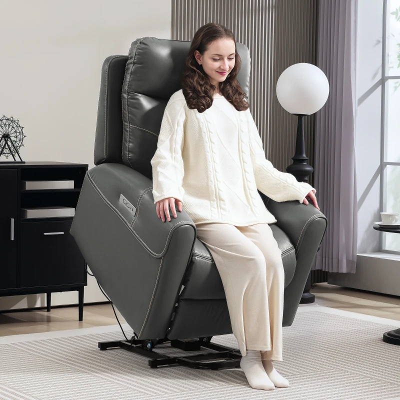 HOMCOM Power Lift Recliner Chair for Elderly, Overstuffed Faux Leather Riser and Reclining Chair with USB A+C Ports, Recliner Armchair for Living Room, Charcoal Grey