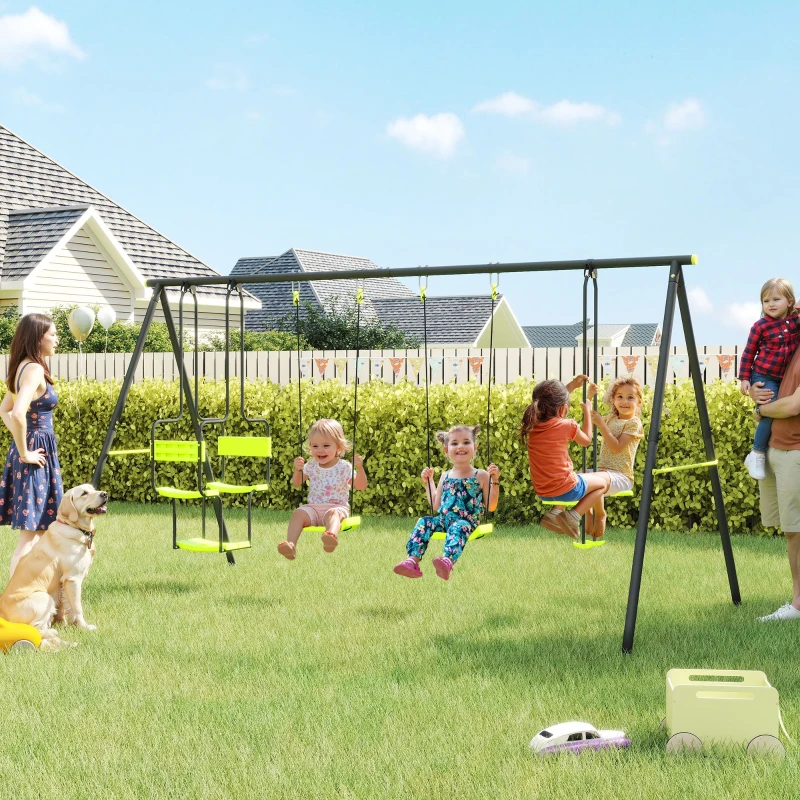 Outsunny Conjunto de Baloiços Infantil com 2 Baloiços Baloiço Duplo e Estrutura de Aço para Crianças de 3-8 Anos 355x184x186 cm Verde