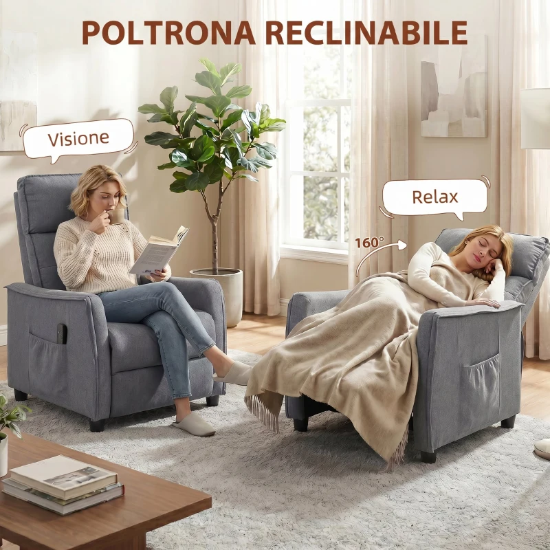 HOMCOM Poltrona Massaggiante e Reclinabile a 160° con Poggiapiedi e Telecomando, 69x93x104cm, Effetto Lino Grigio Chiaro
