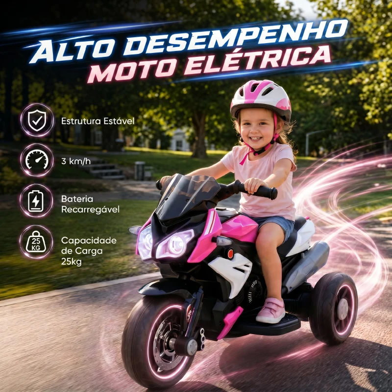 HOMCOM Mota Elétrica Infantil de 3 Rodas com Pedal, Farol LED, Música e Buzina para Crianças de 3 a 5 Anos, Rosa