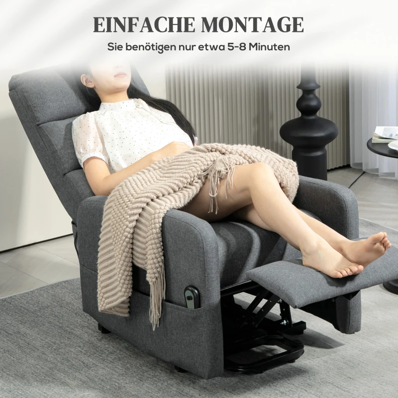 HOMCOM Elektrische Relaxstoel met Opstaanhulp, Afstandsbediening, Zacht Schuim, Zijvak, Bekleding in Linnenlook, Grijs