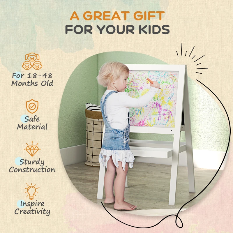 AIYAPLAY Kids Easel, Art Easel with Double Sided Whiteboard, Chalkboard, Storage, 2 in 1 Standing Easel for Toddlers 18-48 Months, White