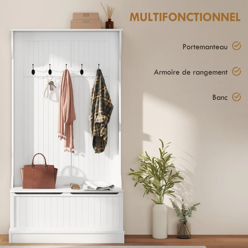 HOMCOM Meuble d'entrée avec banc porte manteaux 3 en 1 5 crochets banc de rangement pour salon couloir 96 x 34 x 179,7 cm crème