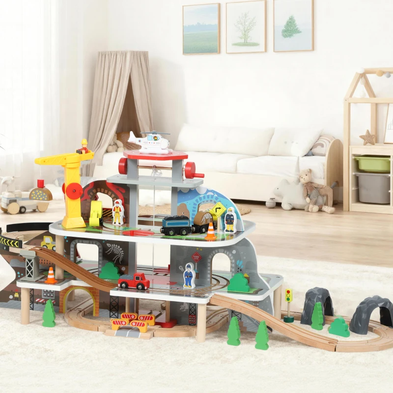 AIYAPLAY 79 Piece Wooden Train Set, Kids Train Track Mine Themed with Crane, Helicopter