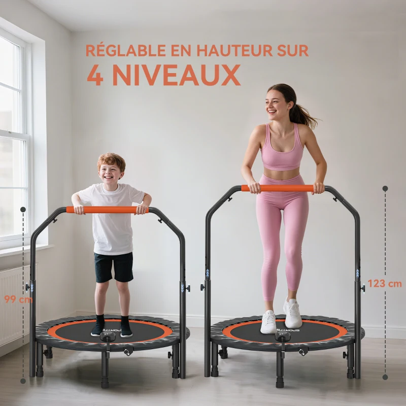 HOMCOM Trampoline de fitness gymnastique avec poignée réglable, pliable, 6 pieds, 28 ressorts Ø 102 cm, noir rouge