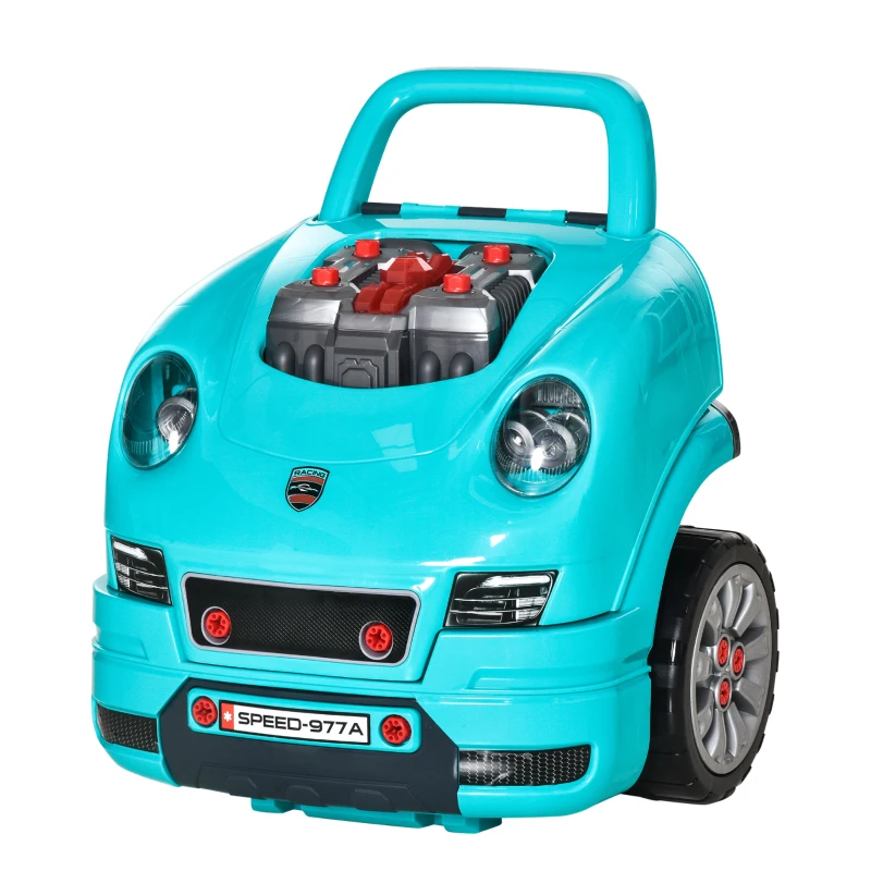 HOMCOM Juego Infantil de Motor con Herramientas 61 Piezas Volante Bocina Faros Caja de Almacenaje y Ruedas 40x39x47 cm Turquesa
