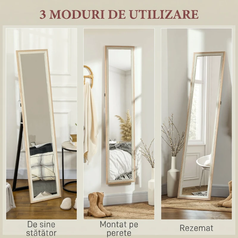 HOMCOM Oglindă Modernă în Mărime Naturală de Perete și Autoportantă, 37x157 cm, Alb și Lemn