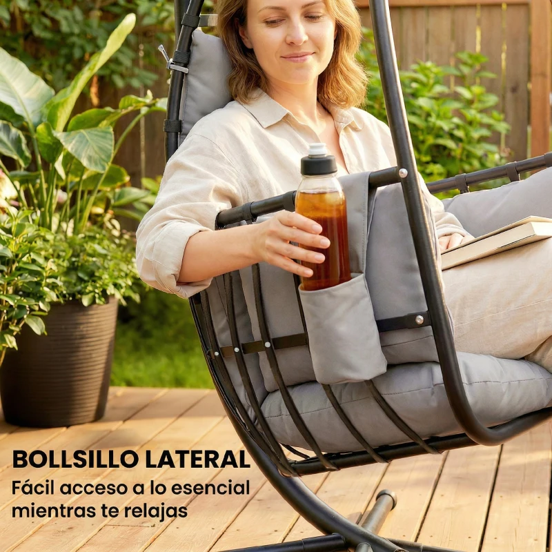 Outsunny Silla Colgante Huevo con Soporte Cesta Plegable Reposacabezas Cojín Bolsillo Lateral Carga 120 kg Gris Oscuro