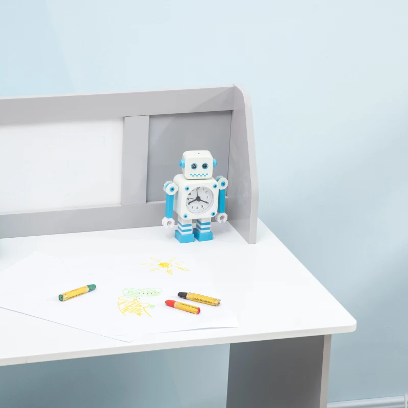 HOMCOM Escritorio Infantil de Madera con Silla y Mesa con Organizador y Pizarra Blanca para +5 Años 90x45x85 cm Gris