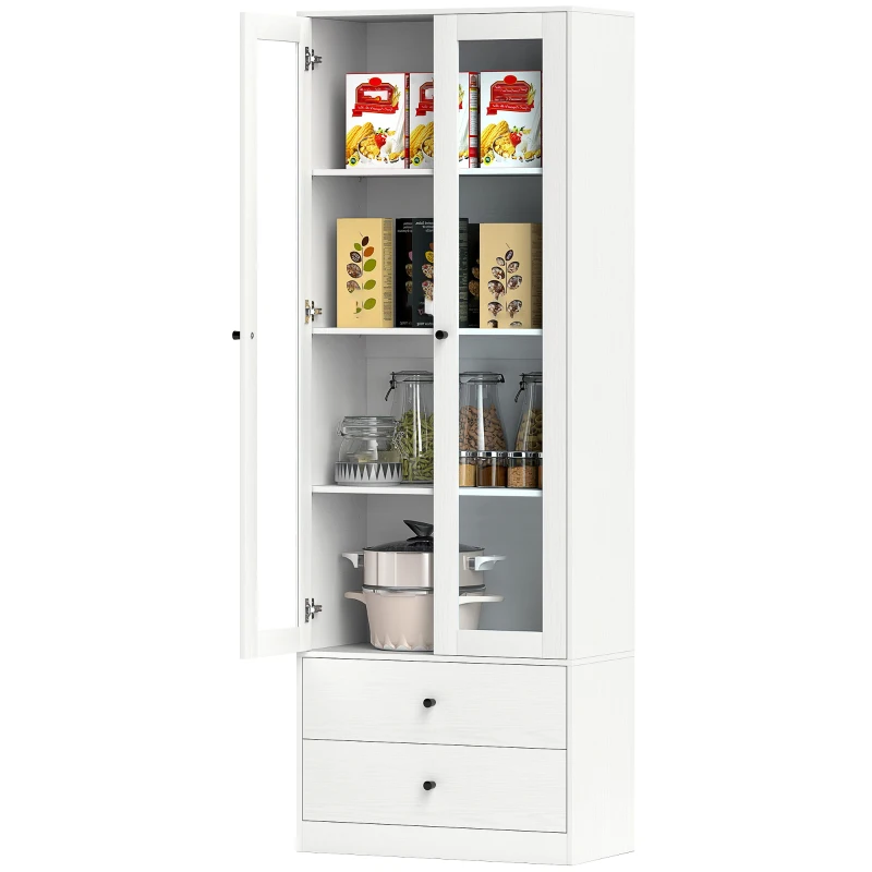 HOMCOM Mueble de almacenamiento moderno con armario de puertas de cristal, estantes ajustables y 2 cajones, 59x30x164 cm, blanco