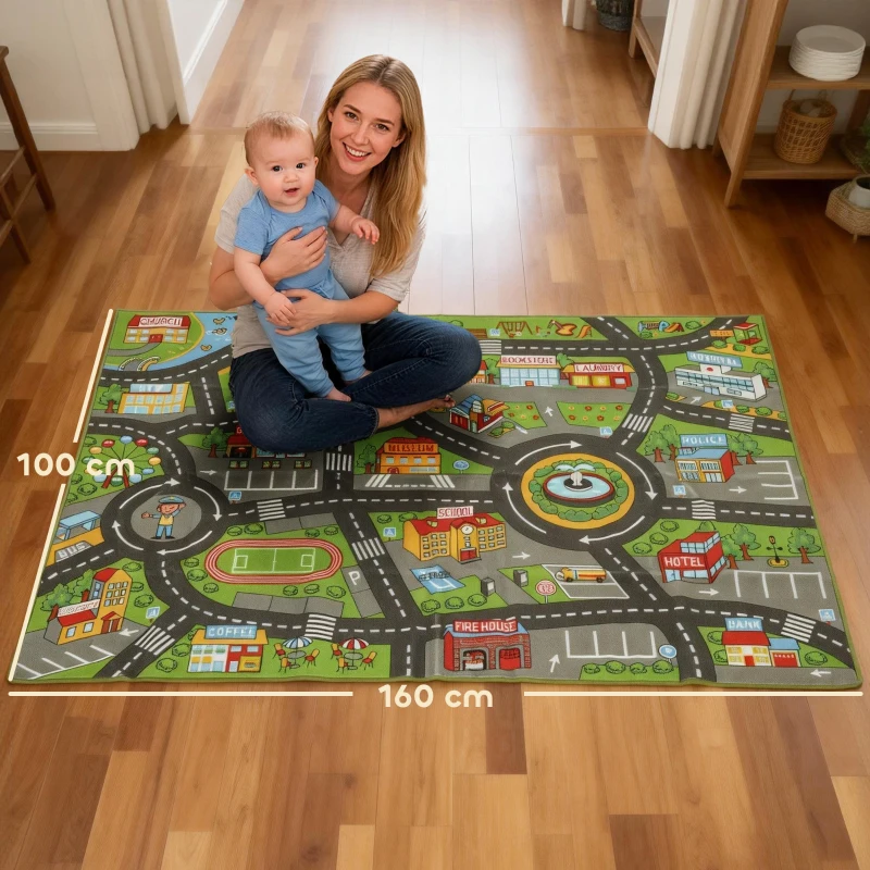AIYAPLAY Tapete Infantil Estrada de Cidade 160x100 cm Tapete Educativo Antiderrapante para Engatinhar e Brincar com Carros Multicor