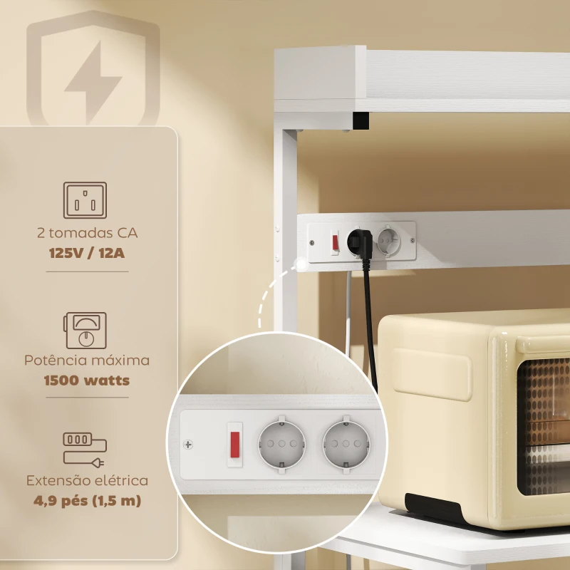 HOMCOM Estante de Cozinha com 2 Tomadas Prateleira para Micro-ondas Prateleira Ajustável Ganchos 60x42x137 cm Branco